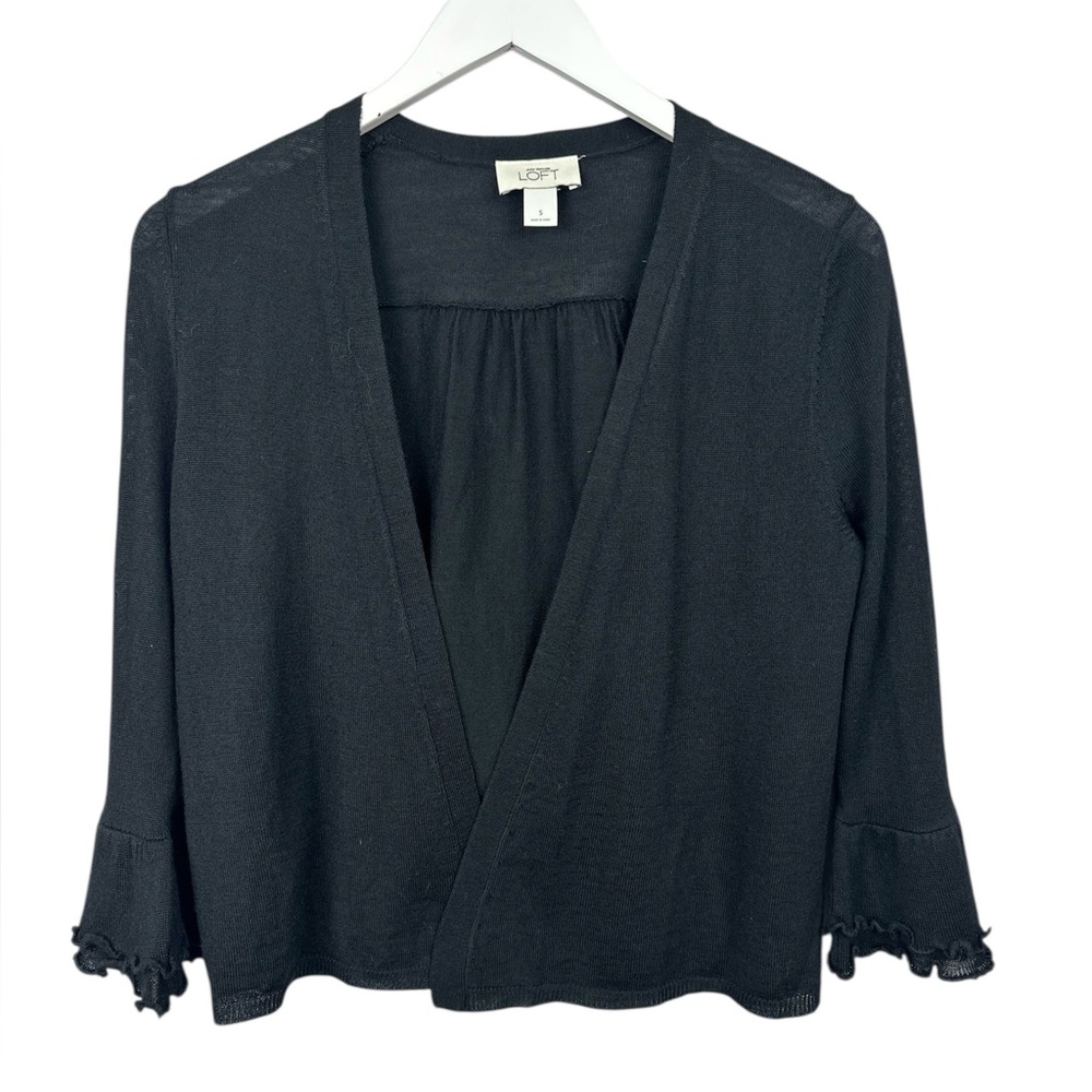 LOFT Black Wool Blend Open Front Cardigan 3/4 Ruffle Sleeve Small